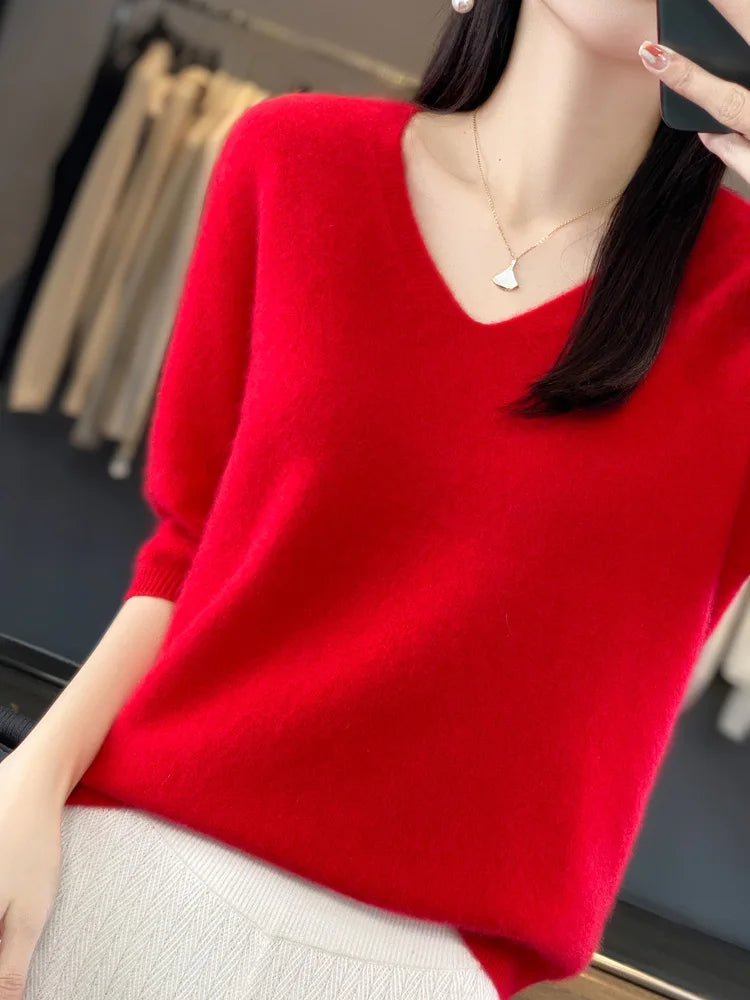 Aliselect Short Sleeve Women Knitted Sweaters 100% Pure Merino Wool Cashmere Spring Fashion V-Neck Top Pullover Clothing
