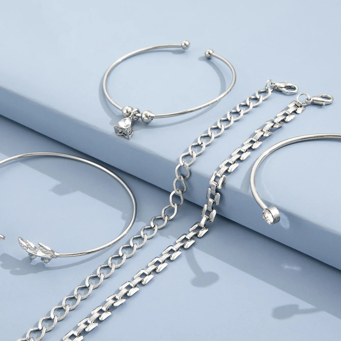Bohemian Silver Color Geometric Link Chain Bracelet Set For Women Crystal Leaf Open Cuff Bangle Female Boho Jewelry Accessory