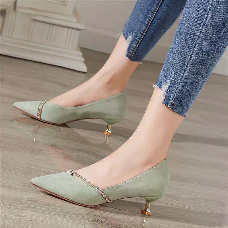 One Word Oblique Strap  New Low-heeled Shoes Women's All-match Small Fresh Rhinestone Pointed Shoes Zapatos De Mujer  Pumps