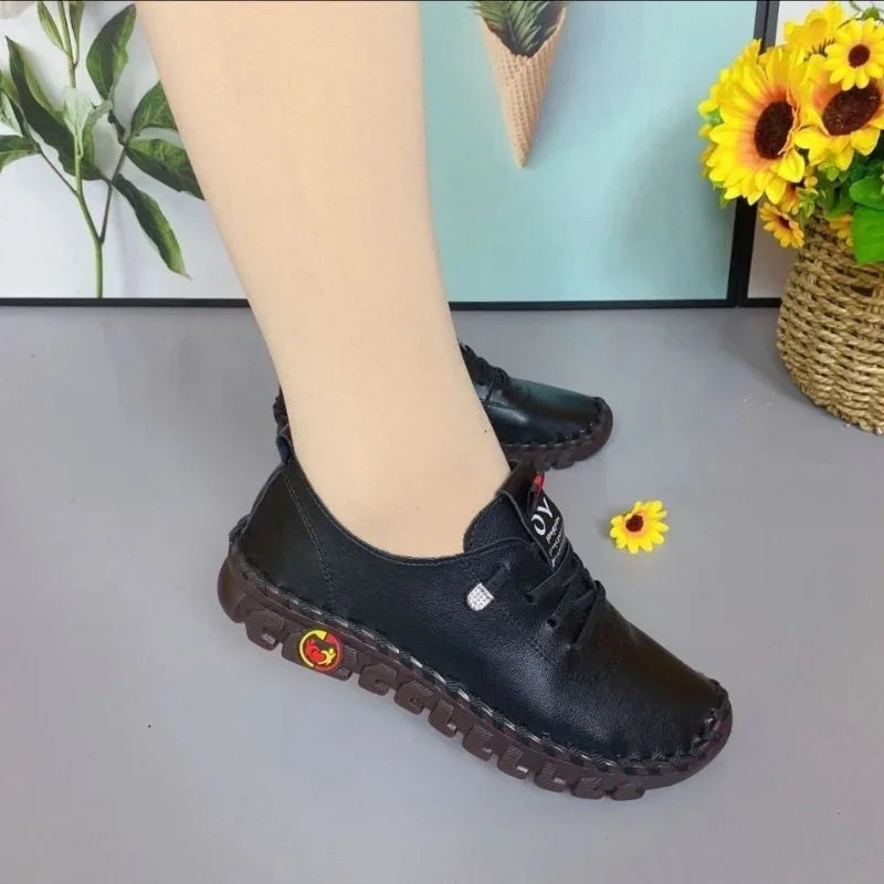 Women Spring Vintage Breathable Shoes Platform Loafers Lace Up Leather Hollow Slip-On New Fashion Casual Mom Shoe Zapatos Mujer