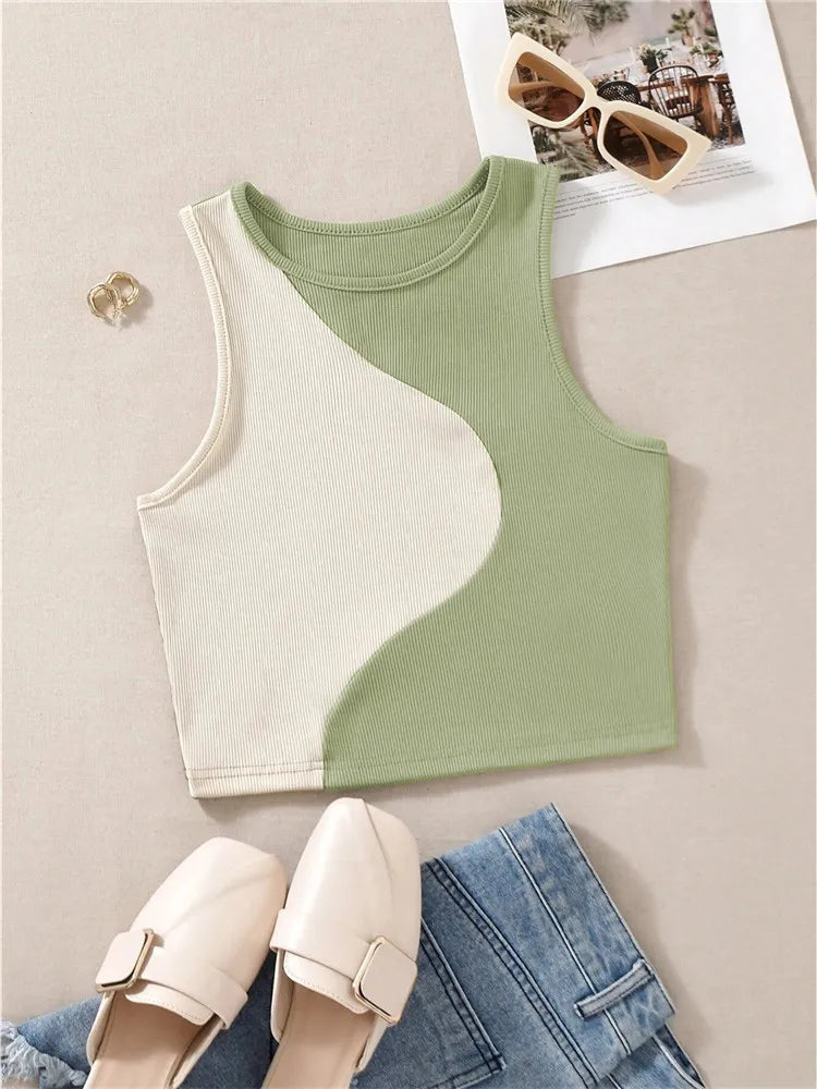 Women's Color Block Rib Knit Tank Top Y2K Clothes Summer Grunge Casual O-neck Sleeveless Patchwork Crop Top Tee Streetwear