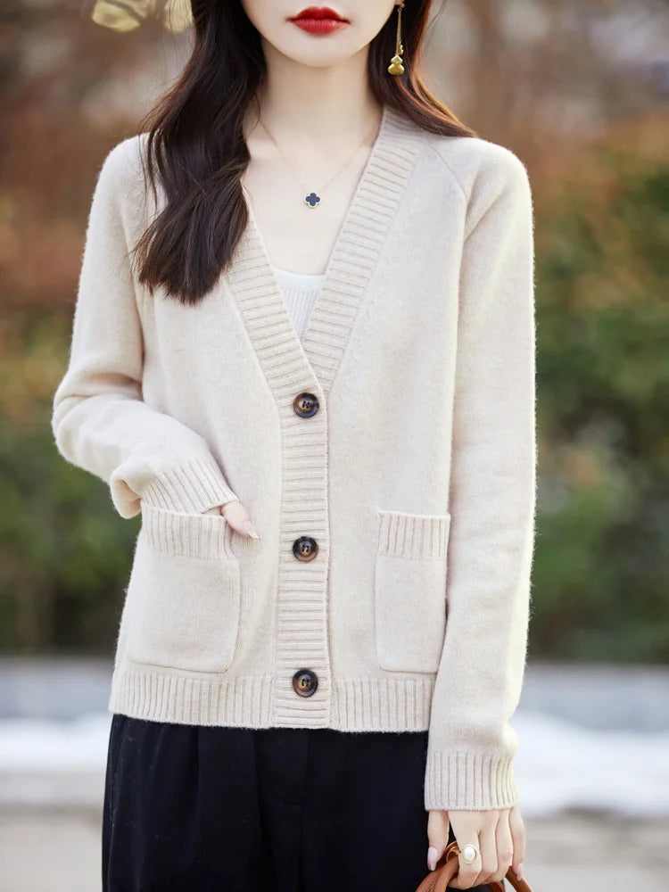 Spring Knitted 100% Wool V-neck Sweater Cardigan Women Long Sleeve Top Fashion Double Pockets Autumn Casual Loose Female Coat