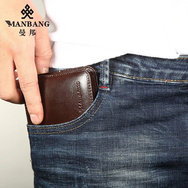 【Genuine Cowhide Leather】ManBang Brand Hot Sale Men's Wallet Luxury Original Short Tri-Fold First Layer Cowhide Purse Business