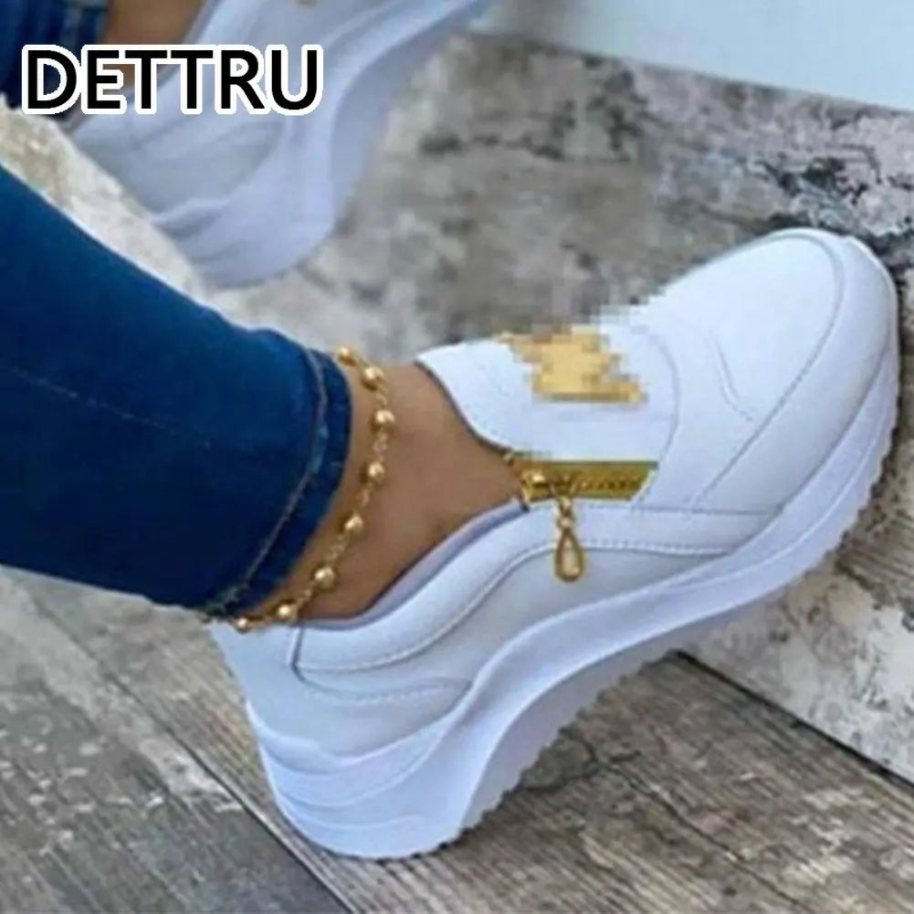 DETTRU Women Sport Shoes Thick Bottom Solid Color Ladies Vulcanized Sneakers Ladies Fashion PU Shoes Ladies Zipper Sneakers