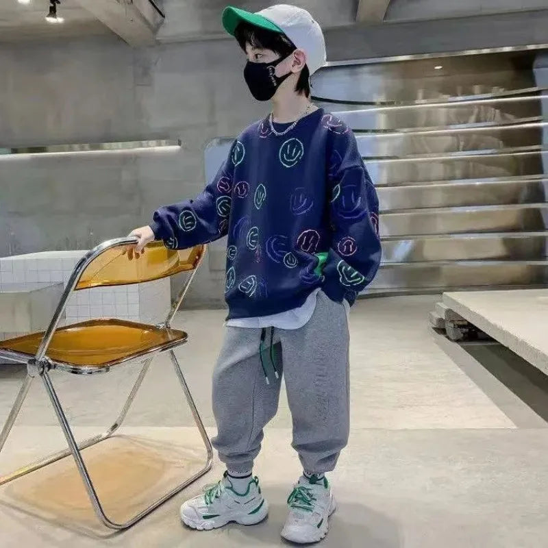 Children's Sweatshirt Autumn Boys Smile Print Long-Sleeved Korean T-Shirt Kids Clothes Fashion Streetwear Black Cotton Costumes