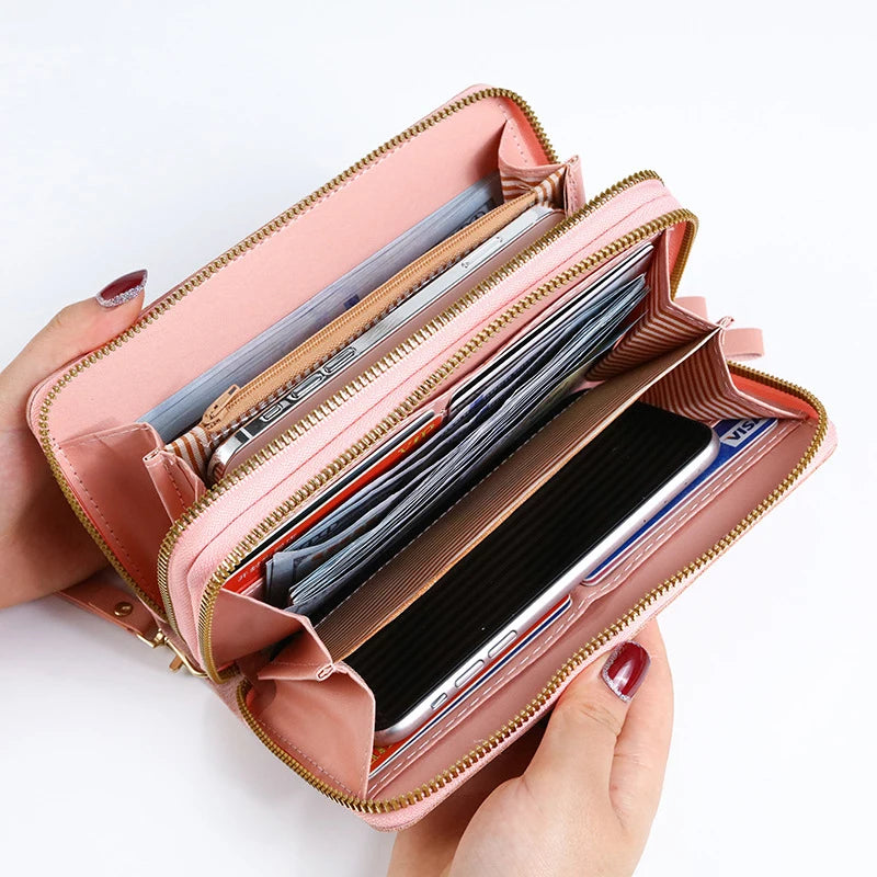 Solid PU Leather Women Wallets Long Double Zipper Coin Purses Female Brand Luxury Designer Clutch Phone Bag Carteras Para Mujer