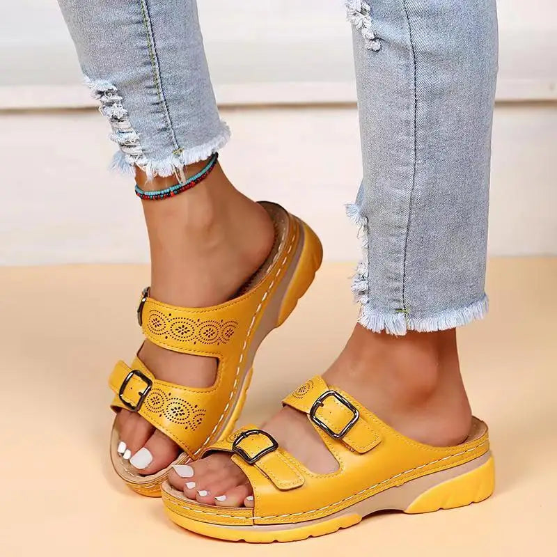 Women Closed Toe Summer Shoes 2022 New Comfort Double Buckle Wedge Ladies Sandals Plus Size Platform Casual Slippers Women