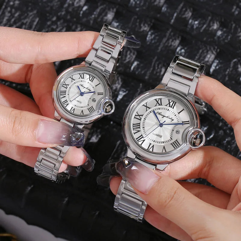 New Couple Fashion Gold Silver Quartz Pair Watch Roman Numerals Surface Push Button Hidden Clasp