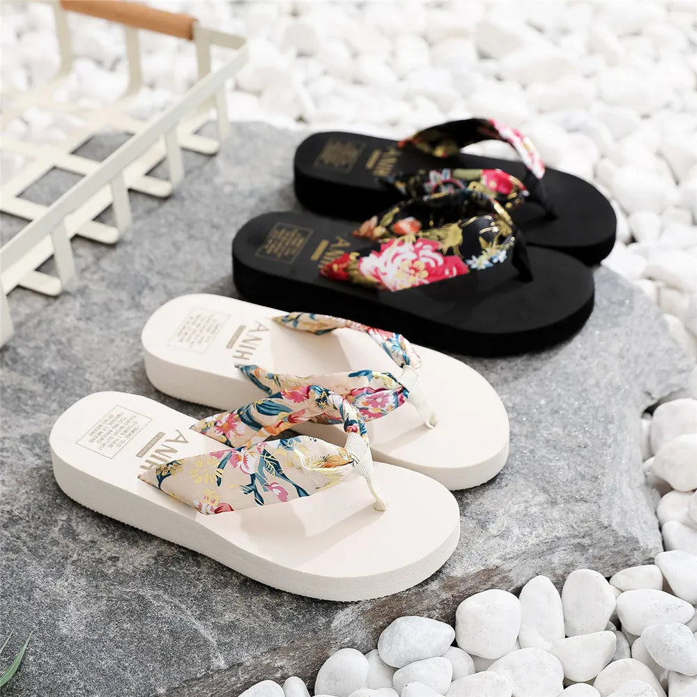 Summer Floral Printing Slippers Women Bohemian Satin Strap Platform Wedge Flip Flops Outdoor Thick Bottom Beach Shoes Thick heel