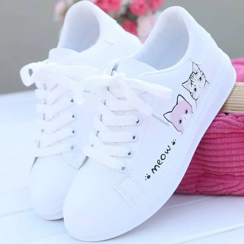 Cat Pattern Shoes for Women White Cartoon Women Sneakers Pu Vulcanized Shoes Kawaii Design Female Sneaker Shoes Zapatillas Mujer