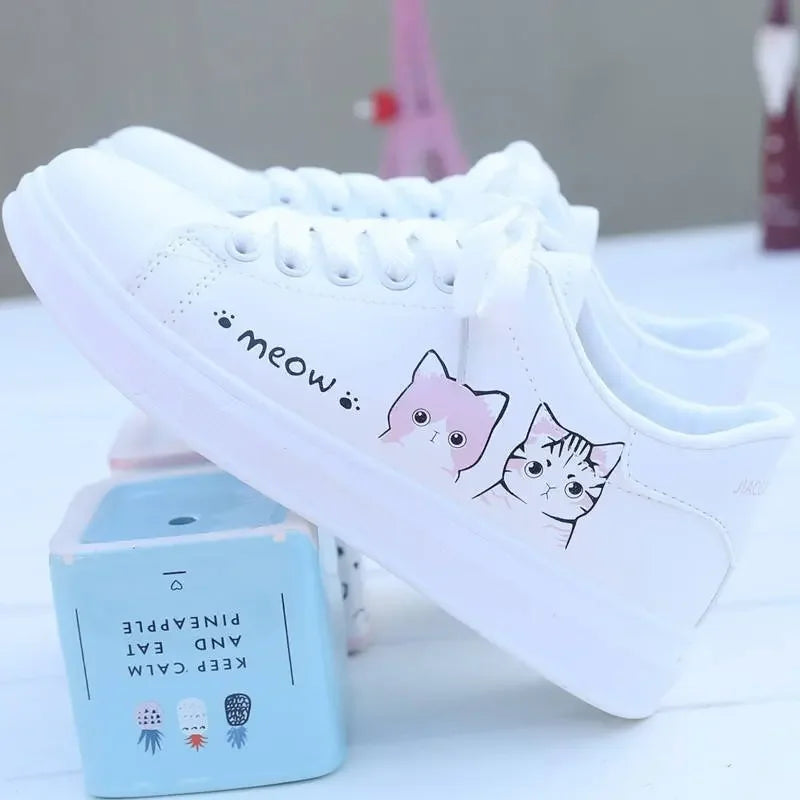 Cat Pattern Shoes for Women White Cartoon Women Sneakers Pu Vulcanized Shoes Kawaii Design Female Sneaker Shoes Zapatillas Mujer