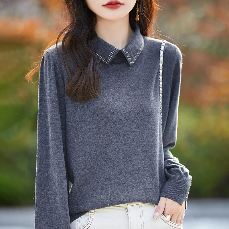 Spring New 100% Wool Polo Collar Sweater Women Fashion Solid Color Diamond Autumn Basic Top Knitted Lantern Sleeve Female Jumper