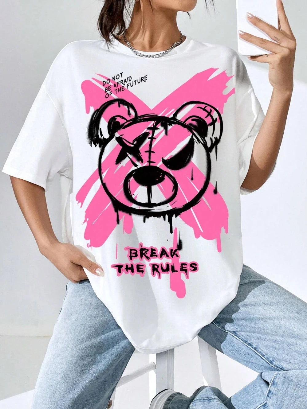 Break The Rules X Doodle Bear Printing tees Cotton Women T-Shirts Casual Soft Short Sleeve Tops Loose Comfortable Street Clothes