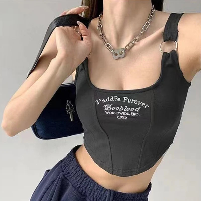 Sleeveless Top Women Summer Letter Printing Versatile Crop Tops Sexy Camisole Square Collar Tank Top Y2k Female Crop Tops Padded