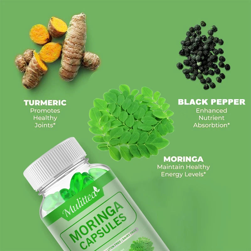Mulittea Natural Moringa Capsule Compound Vitamin Helps Energy Metabolism & Detoxify For Whole Body Health for Adults