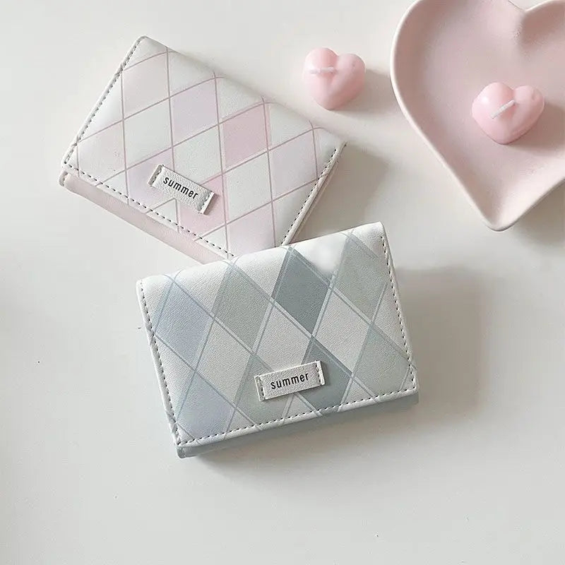 Sea Salt Blue Check Women's Wallet Simple Style Multi-functional Card Holder Leather Large Capacity Student Buckle Coin Purses