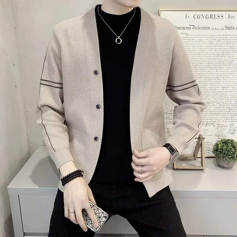 Knitted Sweaters for Men Cardigan Plain Man Clothes Solid Color Jacket with Pockets Coat V Neck X Elegant High Quality Replica S