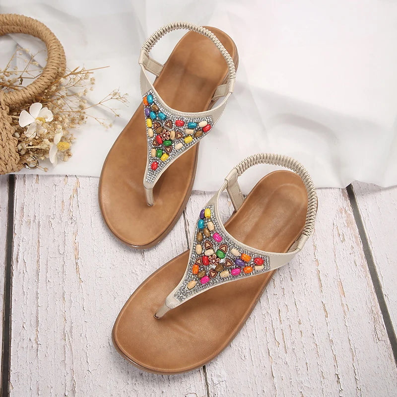 Retro Flat Heels Bohemian Sandals for Women 2024 summer Rhinestone Beads Clip Toe Sandals Woman Lightweight Beach Flip Flops