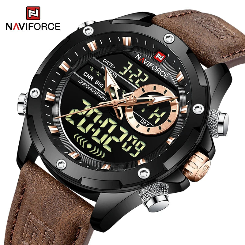 NAVIFORCE New Men Watches Business Genuine Leather Quartz Chronograph Luxury Brand Luminous Wristwatch Analog Digital Male Clock