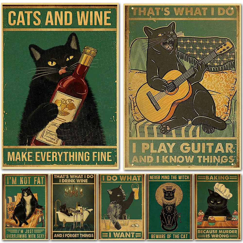 Black Drink Cat Vintage Posters Kraft Paper Retro Prints Wall Decor Living/Bed Room Paper Creative Art Fashion Bedroom Painting