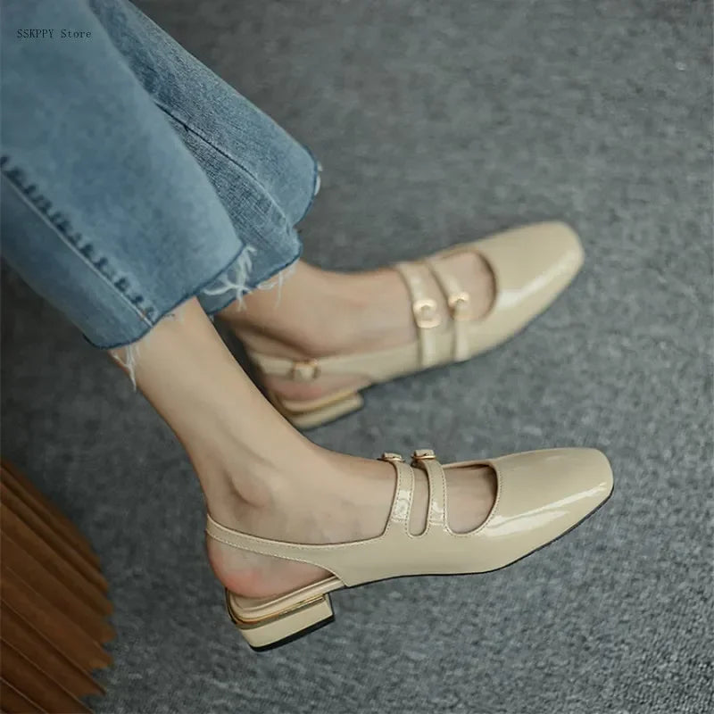Summer Shoes Low Heel Sandals Square Toe Leather Mary Jane High Heels Ladies Double Buckle Comfortable and Elegant Sandals