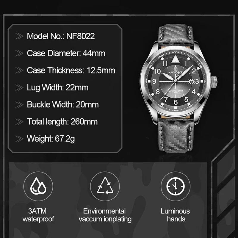 NAVIFORCE Casual Leather Strap Men Watches Fashion Analog Quartz Calendar Waterproof Wristwatch with Luminous Hands Reloj Hombre