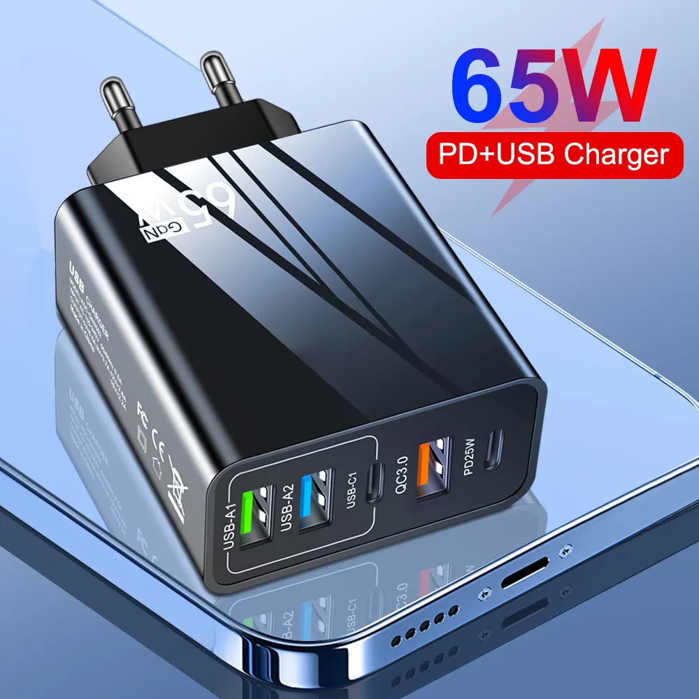 65W USB Charger Quick Charge 3.0 5 ports Type C PD Fast Charging Mobile Phone Adapter For Samsung Xiaomi iPhone 14 Wall Charger