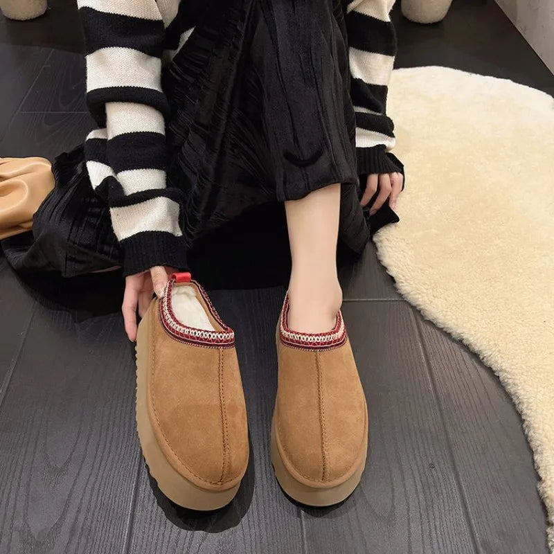 New Winter Fashion Women Snow Warm Suede Leather Lazy Loafers Boots Shoes Woman Lady Female Flat Bottine Botas Boots Mules 2024