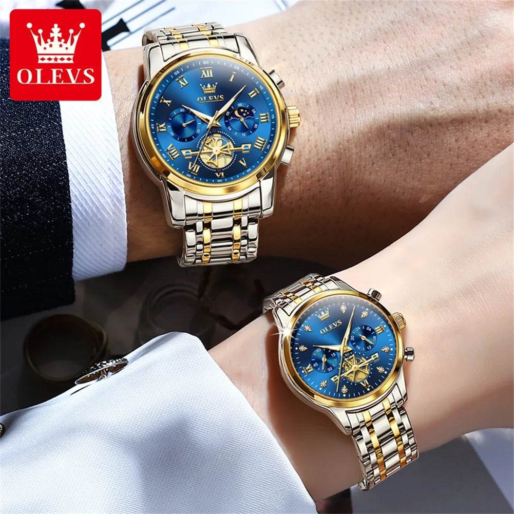 OLEVS Luxury Brand Quartz Couple Watch Waterproof Luminous Lunar Phase Timing Code Watch Lover Date Clock His or Her Watch Set