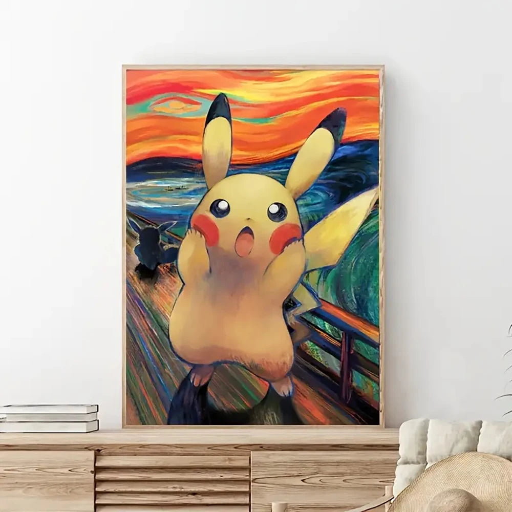 Potdemiel Poster Pikachu Magby Canvas Wall Art Print Japanese Anime Decorative Painting for Kids Room Wall Decor Gift for Friend