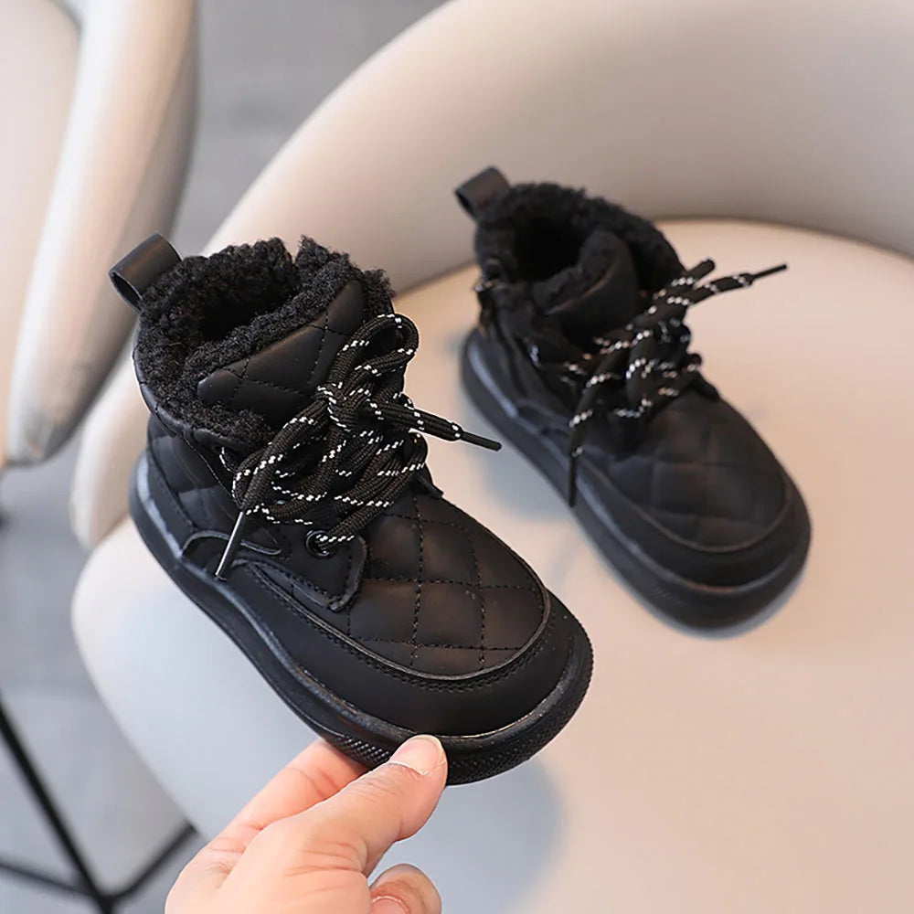 2023 Trend Fashion Winter Martin Boots For Girls Korean Style Plaid PU Leather Snow Boots Thick Warm Plush Casual Shoes For Kids