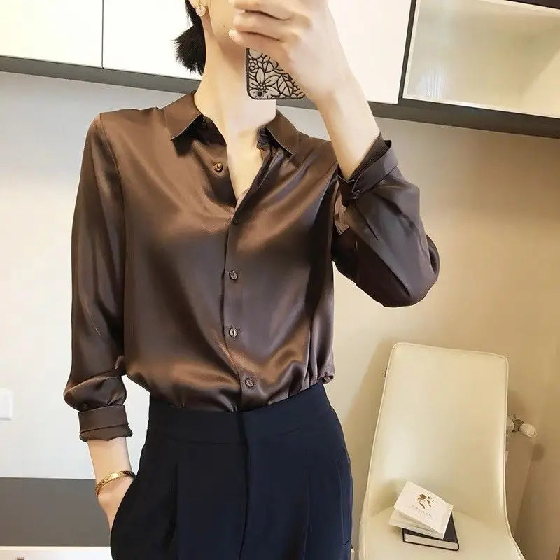 Premium Black Single Breasted Straight Loose Chiffon Thin Long Sleeve Blouses Fashion Soldier Color Spring Autumn Women Clothing