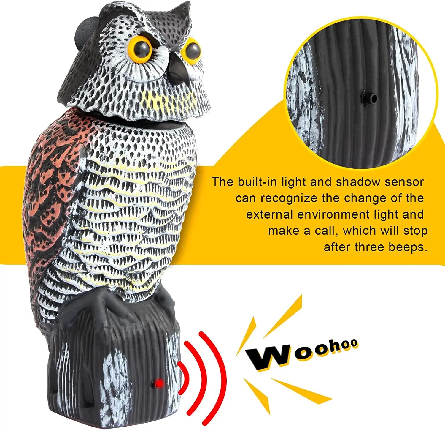 Fake Owl Decoy Plastic Owl Scarecrow Sculpture with Rotating Head and Sound for Garden Yard Bird Repellent Outdoor