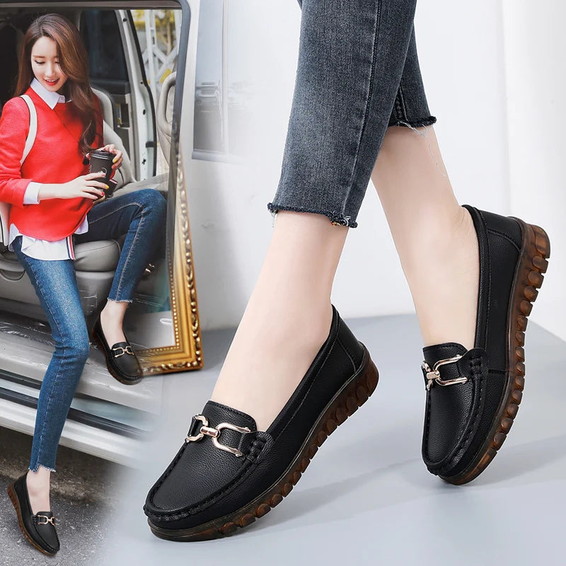 Leather Women's Shoes Casual Slip-on Loafers Ladies Casual Shoes Black Moccasins Sneakers Comfortable Flat Shoes Zapatos Mujer
