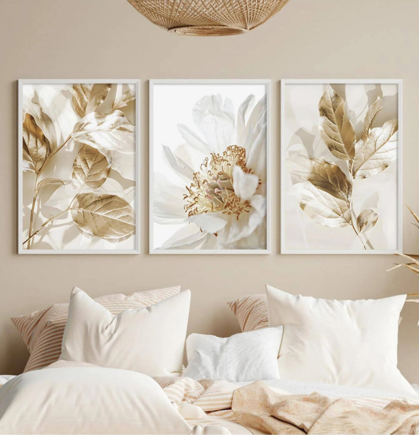 3PCS Frameless Nordic White Floral Golden Leaves Poster Wall Art Canvas Painting Prints Pictures Living Room Interior Home Decor