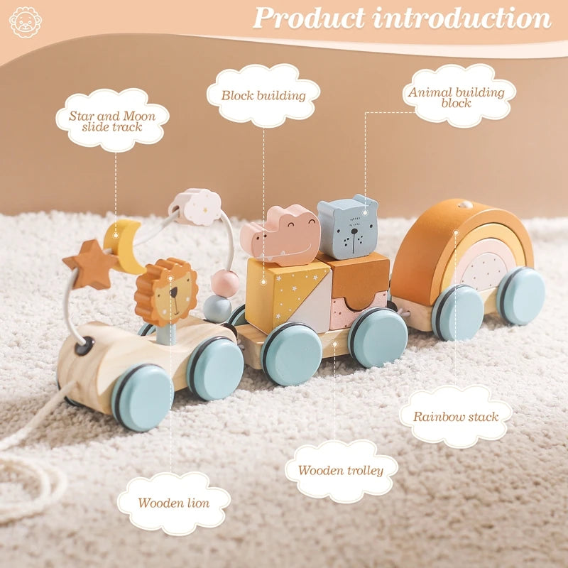 Wooden Montessori Toys Animal Block Train Building Block Stacking Toy Push And Pull The Trolley Manually Baby Balance Toys Gifts