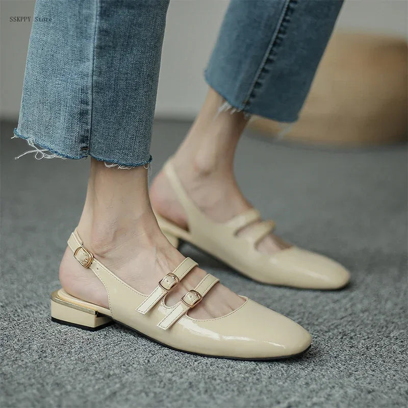 Summer Shoes Low Heel Sandals Square Toe Leather Mary Jane High Heels Ladies Double Buckle Comfortable and Elegant Sandals