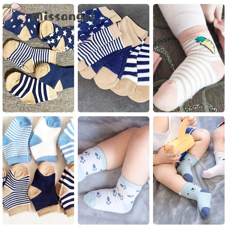 5Pairs/lot 2023 Baby Socks for Kids Girls Boy Cotton Stripe Cartoon Animals Summer Toddler Knitted socks Newborn BeBe Clothes